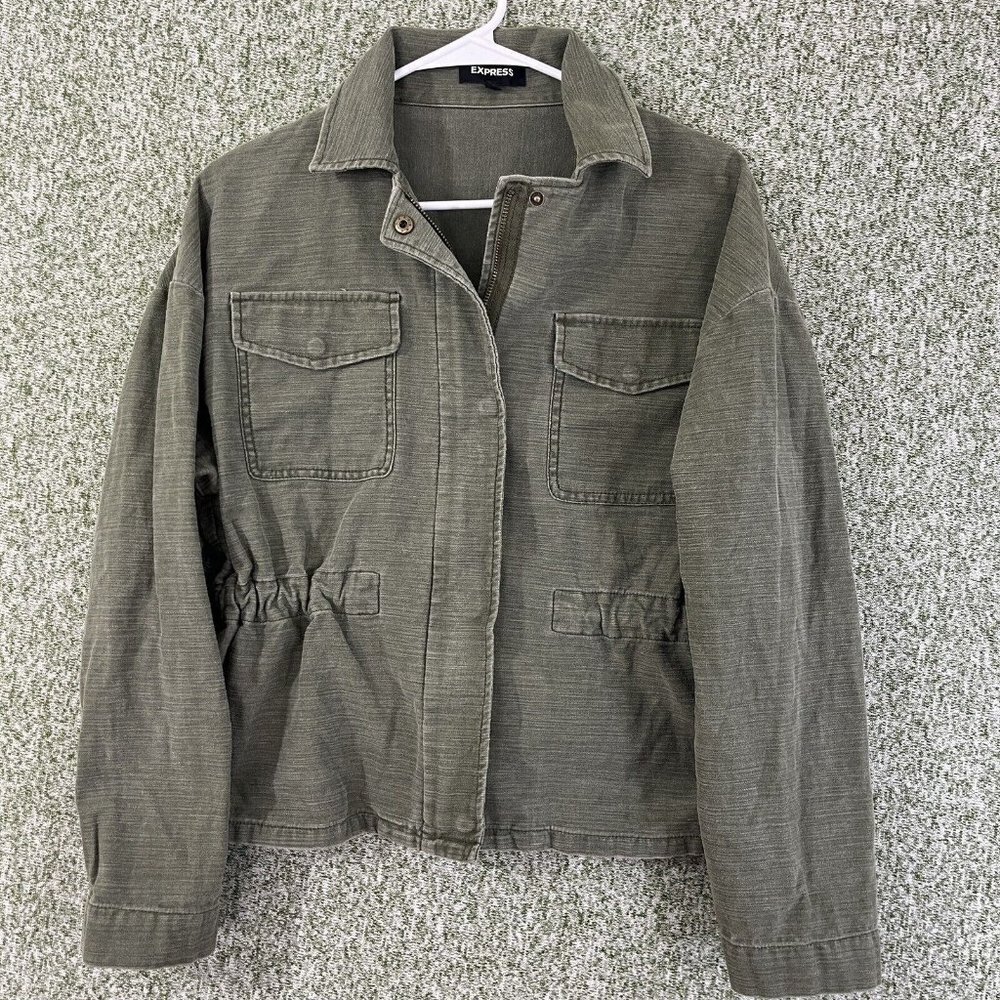 Express Jacket Womens Small Green Zip Up Snap Up Drawstring Retro Casual Street